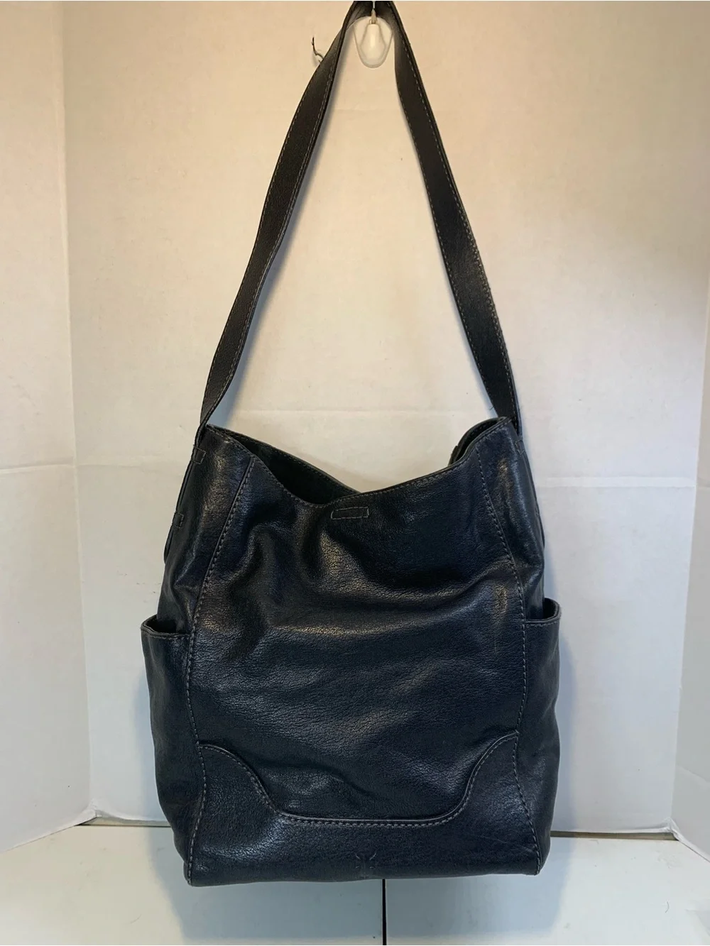 Frye Leather Gently Used Side Pocket Black Hobo Handbag.                 3700